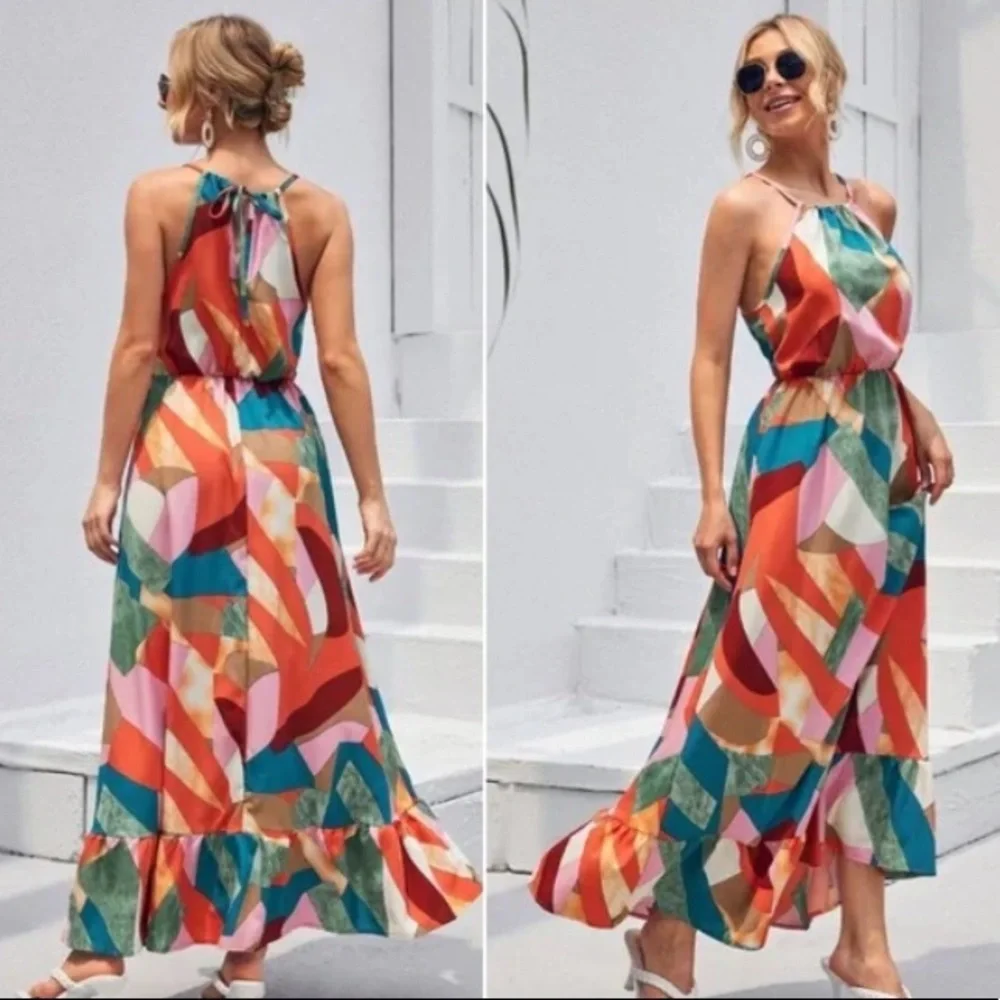 Boho Pink Multicolor Ruffle Hem Halter Maxi Dress